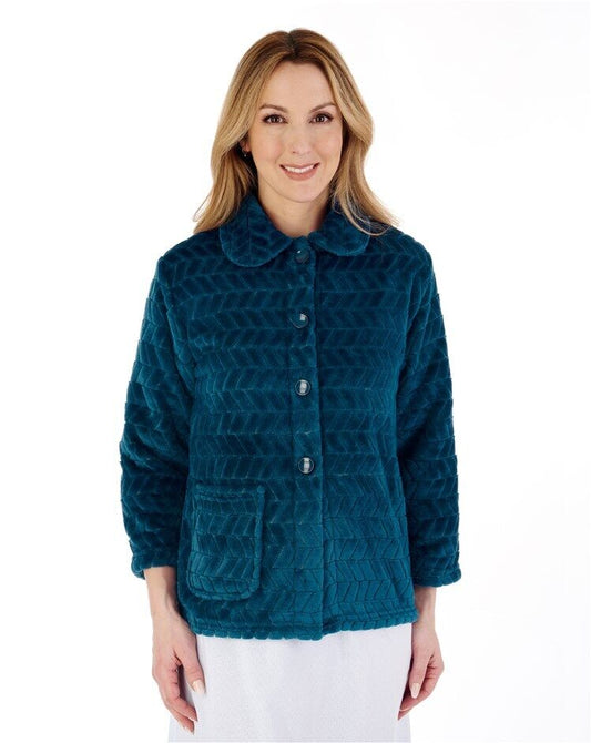 Slenderella Button Bed Jacket Chevron Pattern 25" Soft Coral Fleece Bedjacket