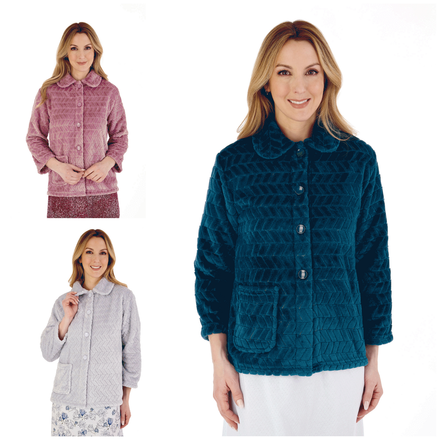 Slenderella Button Bed Jacket Chevron Pattern 25" Soft Coral Fleece Bedjacket