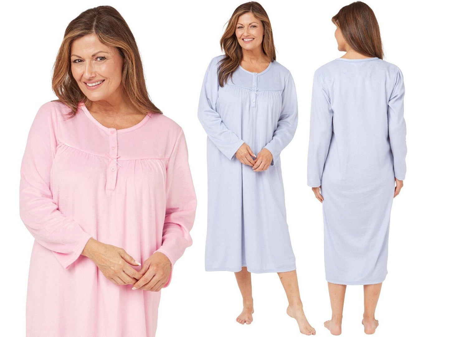 Ladies Fleece Fur Shimmery Nightdress Long Sleeve Nightdress Pink Blue Buttons