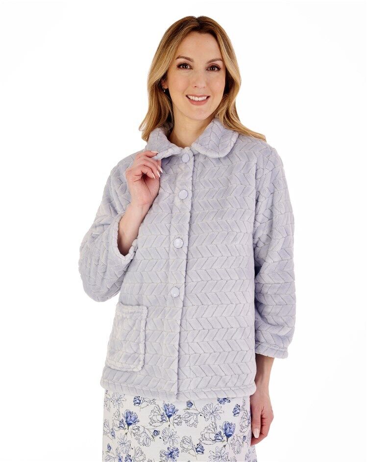 Slenderella Button Bed Jacket Chevron Pattern 25" Soft Coral Fleece Bedjacket