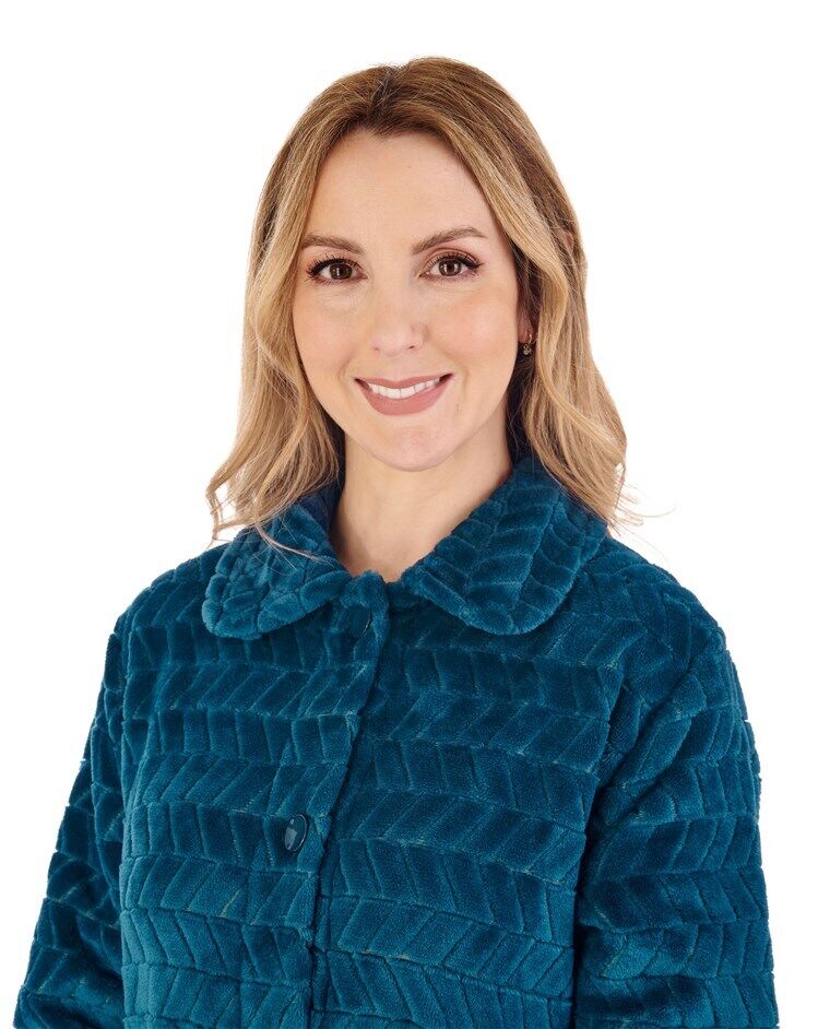 Slenderella Button Bed Jacket Chevron Pattern 25" Soft Coral Fleece Bedjacket