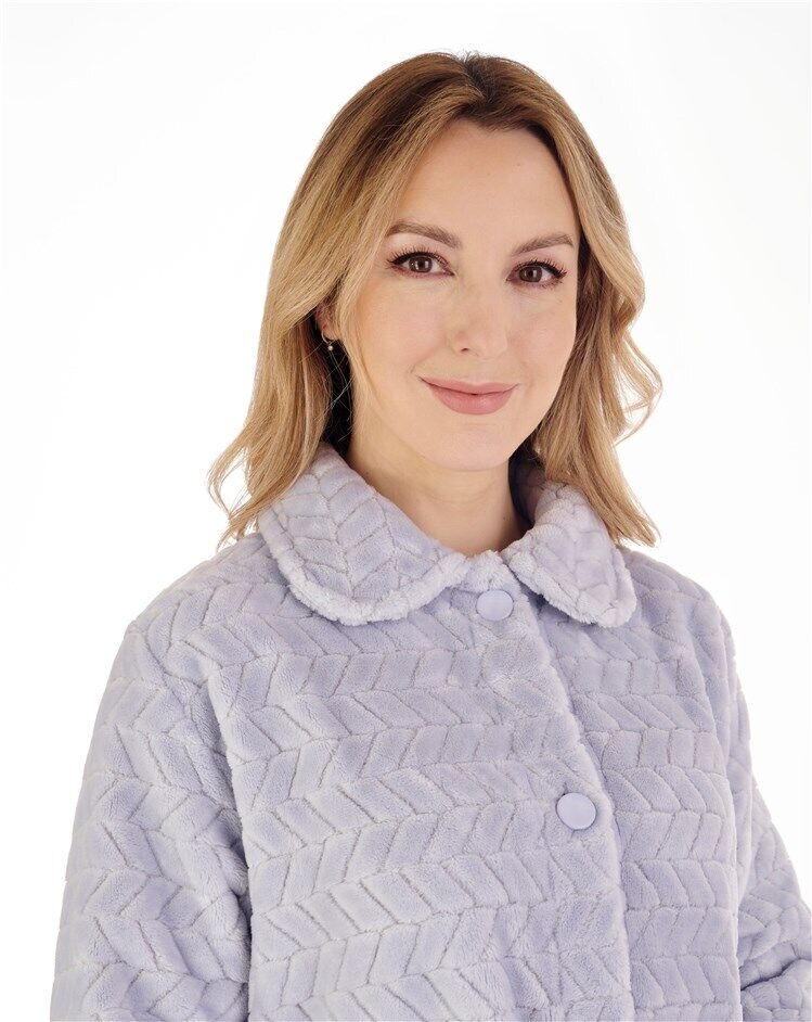 Slenderella Button Bed Jacket Chevron Pattern 25" Soft Coral Fleece Bedjacket