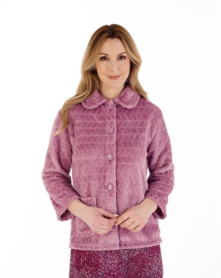 Slenderella Button Bed Jacket Chevron Pattern 25" Soft Coral Fleece Bedjacket