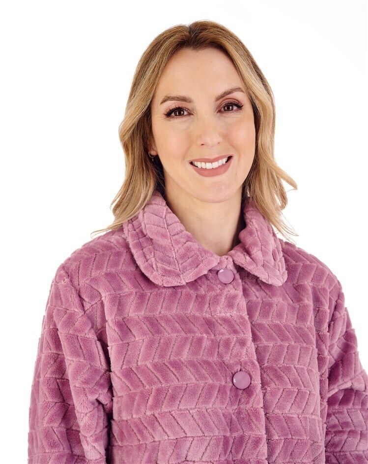 Slenderella Button Bed Jacket Chevron Pattern 25" Soft Coral Fleece Bedjacket