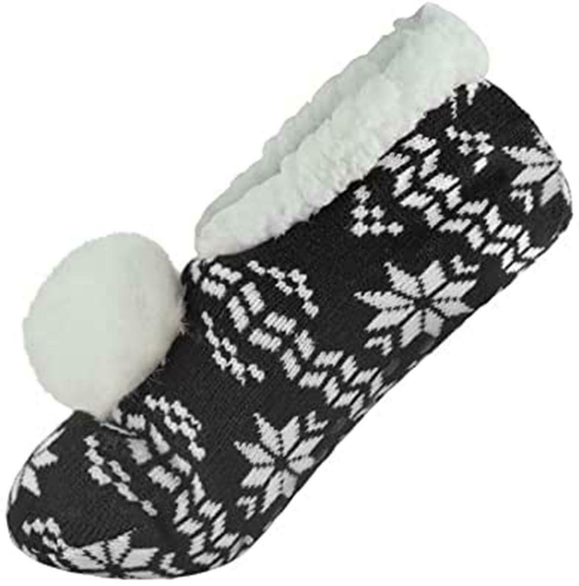 Knitted Fairisle Pom Pom Slippers Ladies Pull On Slippers