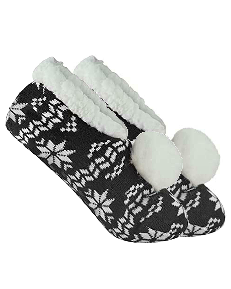 Knitted Fairisle Pom Pom Slippers Ladies Pull On Slippers