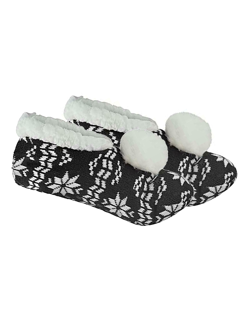 Knitted Fairisle Pom Pom Slippers Ladies Pull On Slippers