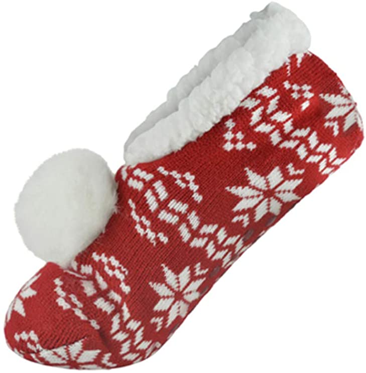 Knitted Fairisle Pom Pom Slippers Ladies Pull On Slippers
