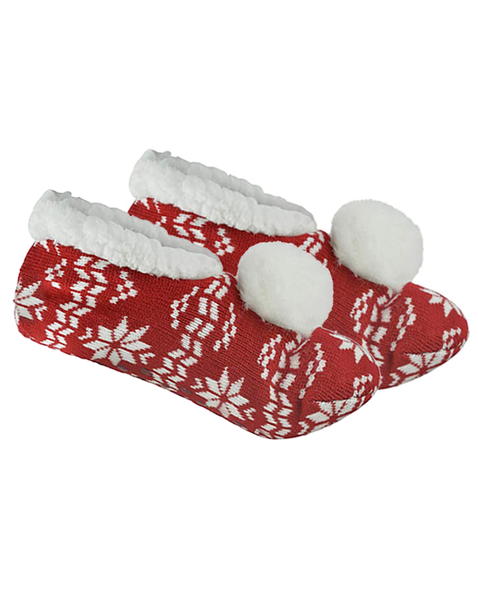 Knitted Fairisle Pom Pom Slippers Ladies Pull On Slippers