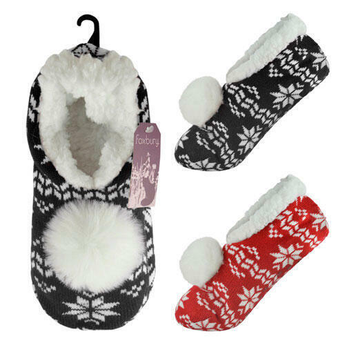 Knitted Fairisle Pom Pom Slippers Ladies Pull On Slippers