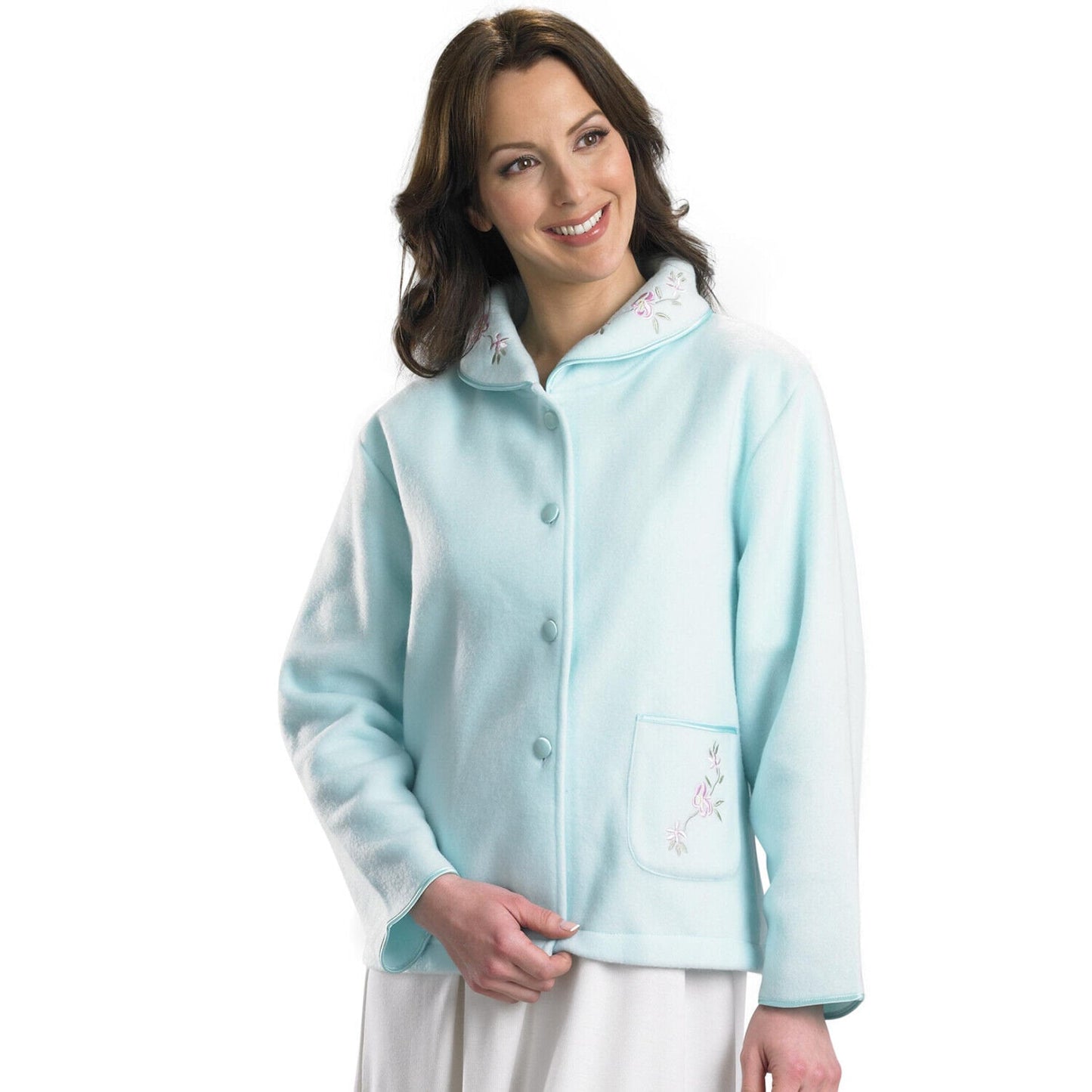 Slenderella Embroidered Polar Fleece Button Down Bed Jacket