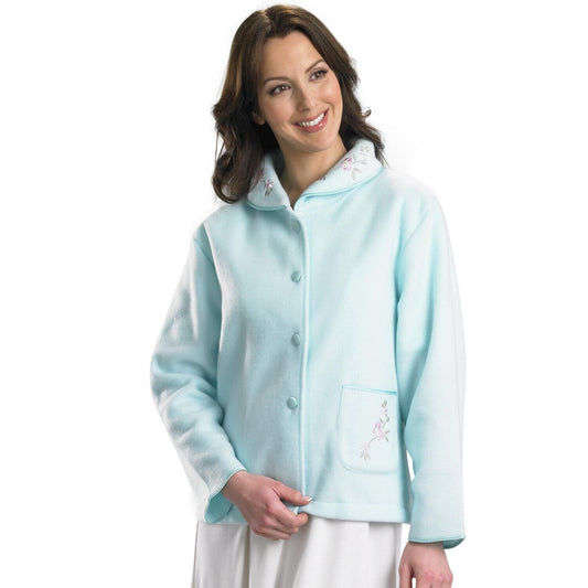 Slenderella Embroidered Polar Fleece Button Down Bed Jacket