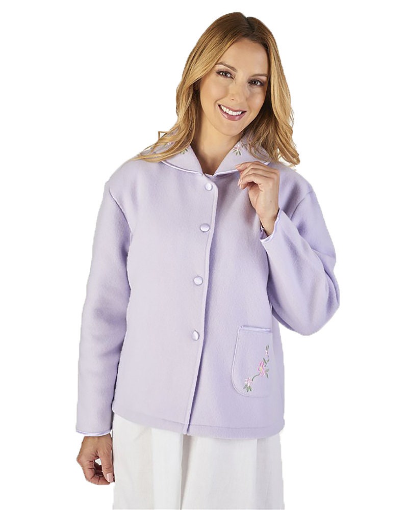Slenderella Embroidered Polar Fleece Button Down Bed Jacket