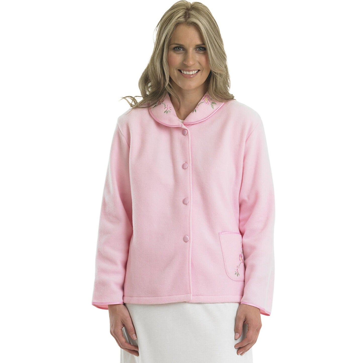 Slenderella Embroidered Polar Fleece Button Down Bed Jacket