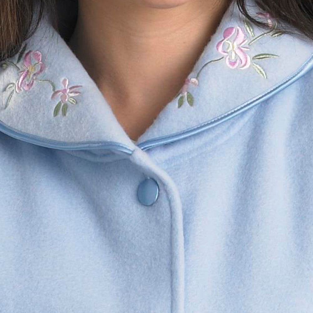 Slenderella Embroidered Polar Fleece Button Down Bed Jacket