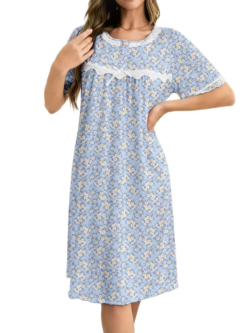 Beautiful Ladies Nightdress Floral Short Sleeved Nightdress 3 Button Yoke