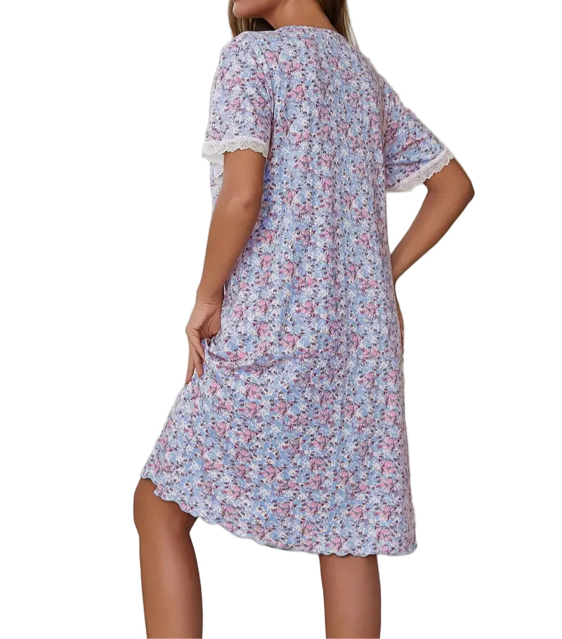Beautiful Ladies Nightdress Floral Short Sleeved Nightdress 3 Button Yoke