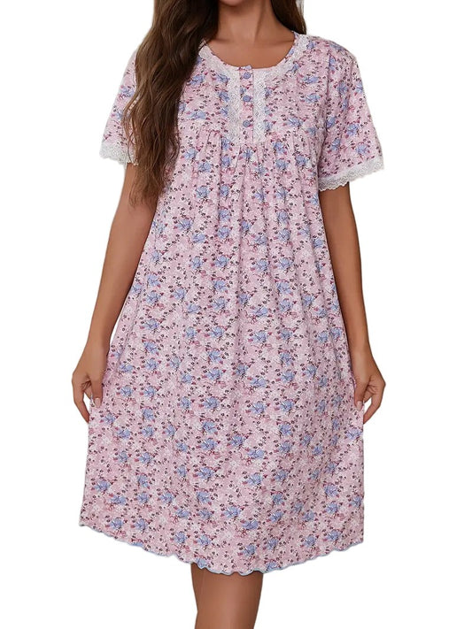 Beautiful Ladies Nightdress Floral Short Sleeved Nightdress 3 Button Yoke