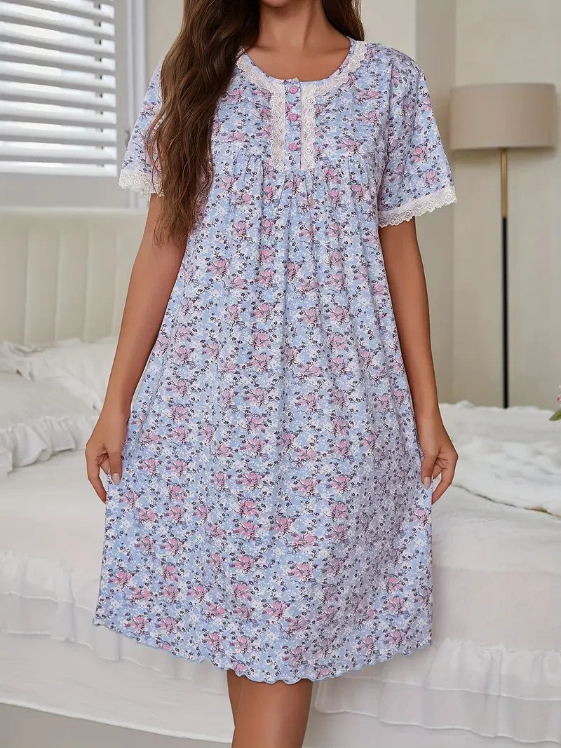Beautiful Ladies Nightdress Floral Short Sleeved Nightdress 3 Button Yoke