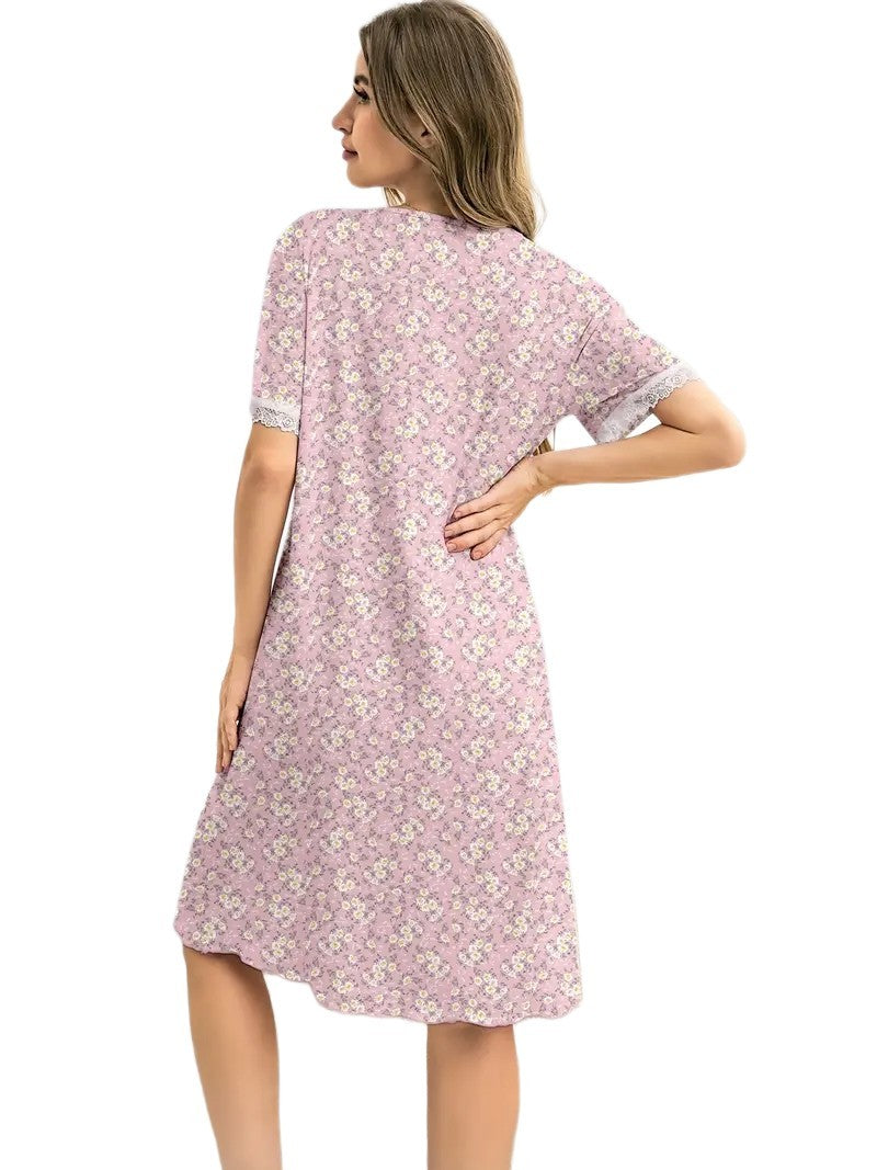 Beautiful Ladies Nightdress Floral Short Sleeved Nightdress 3 Button Yoke