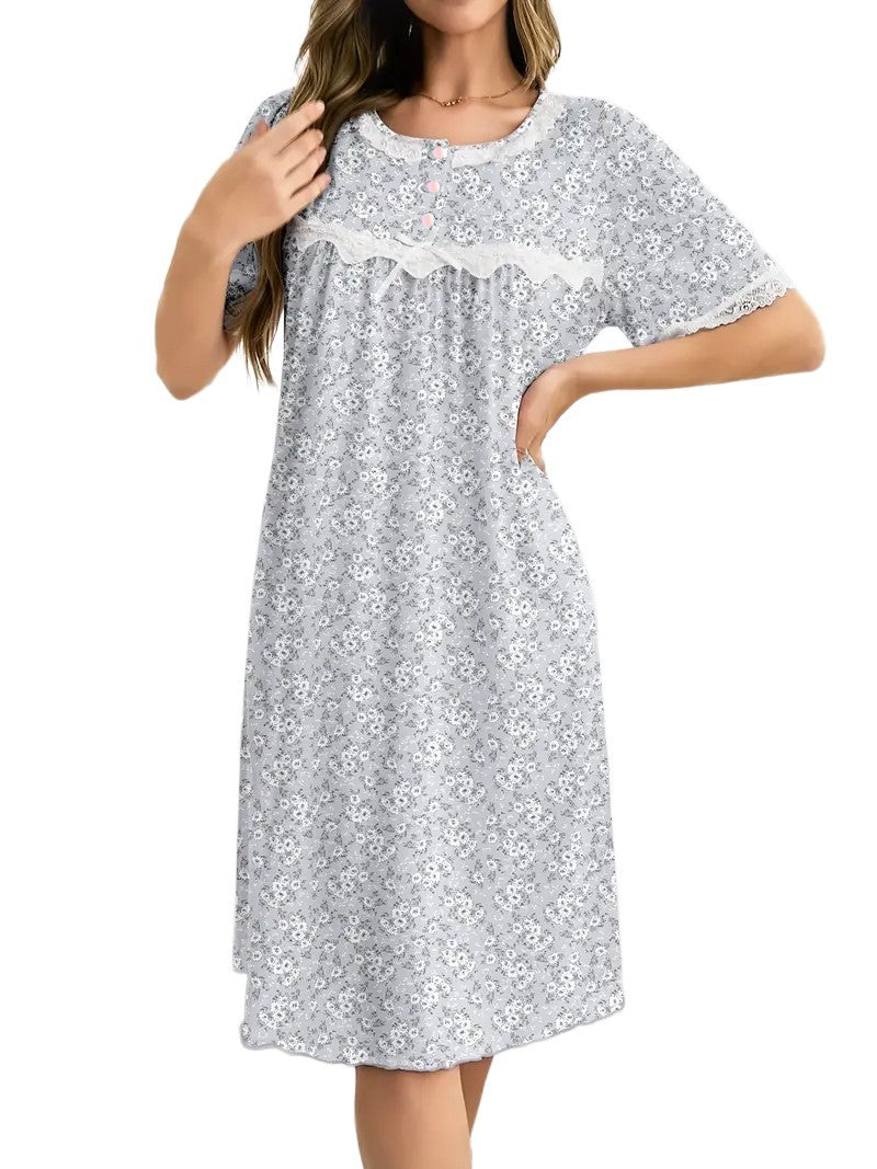 Beautiful Ladies Nightdress Floral Short Sleeved Nightdress 3 Button Yoke
