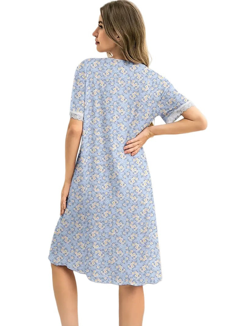 Beautiful Ladies Nightdress Floral Short Sleeved Nightdress 3 Button Yoke