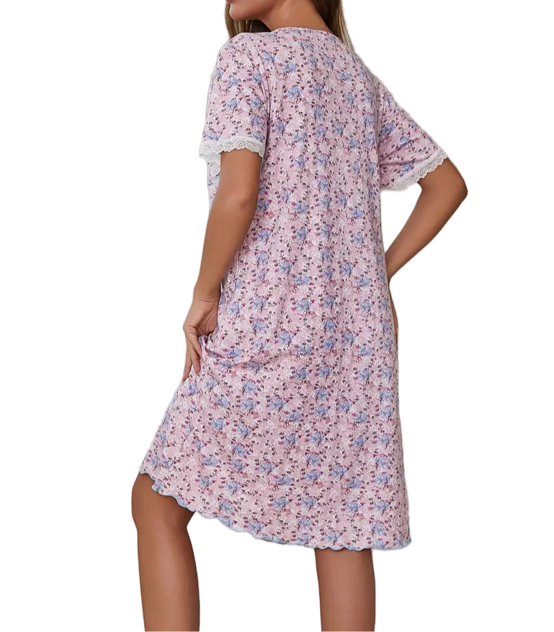 Beautiful Ladies Nightdress Floral Short Sleeved Nightdress 3 Button Yoke