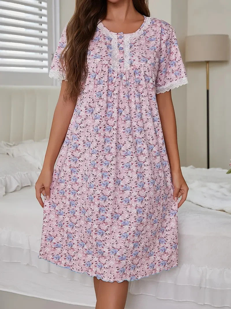 Beautiful Ladies Nightdress Floral Short Sleeved Nightdress 3 Button Yoke