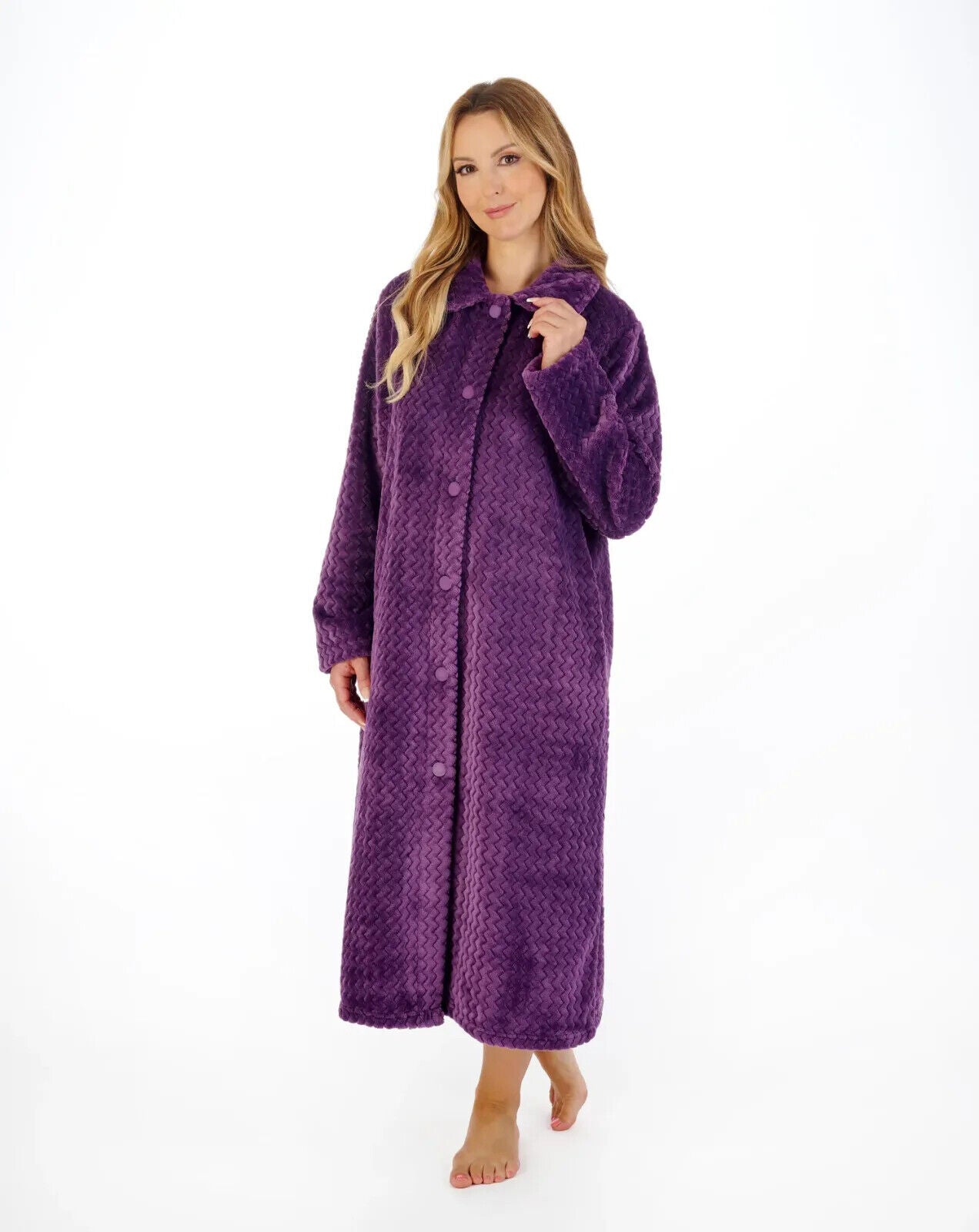 Slenderella Button Dressing Gown Zig Zag Fleece Long Sleeve Bath Robe