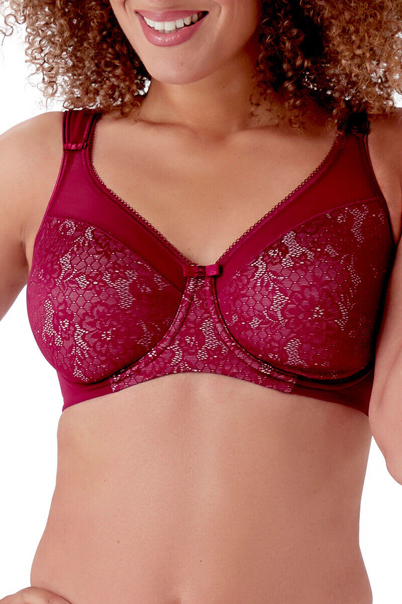 Berlei Bra B521 Burgandy Beauty Minimiser Bra Underwired Style Smooth Floral Cup