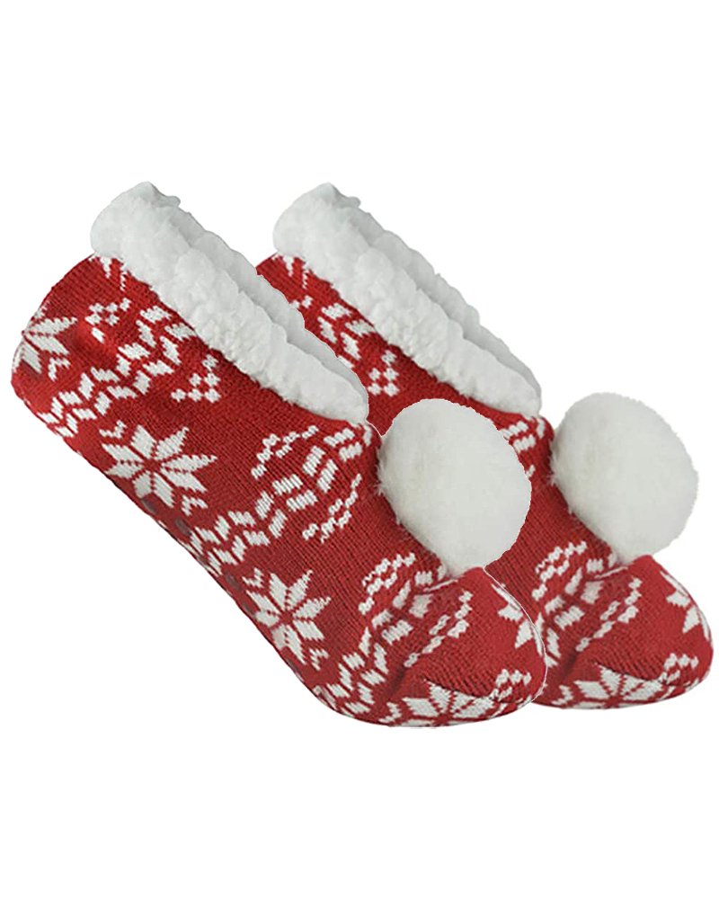Knitted Fairisle Pom Pom Slippers Ladies Pull On Slippers
