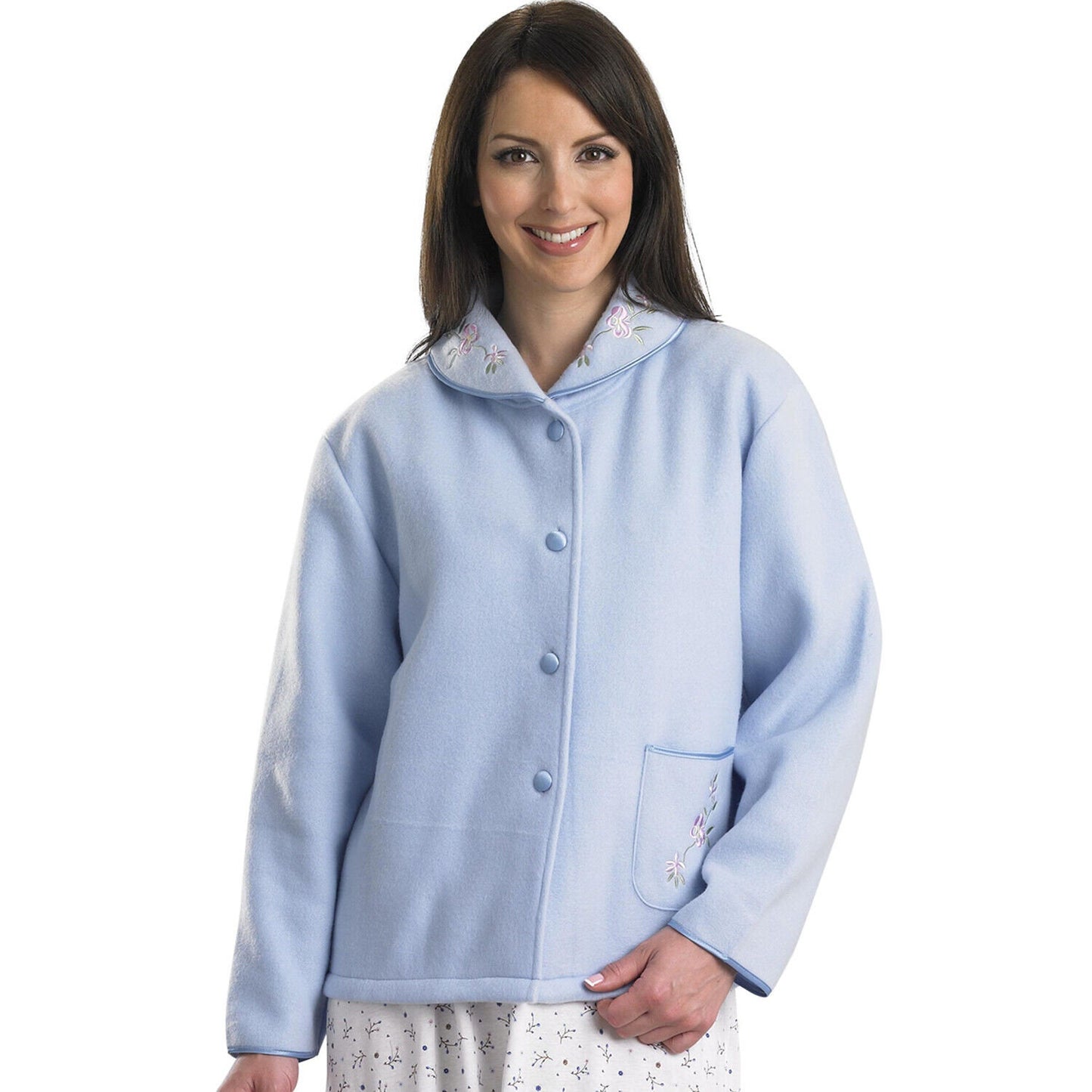 Slenderella Embroidered Polar Fleece Button Down Bed Jacket