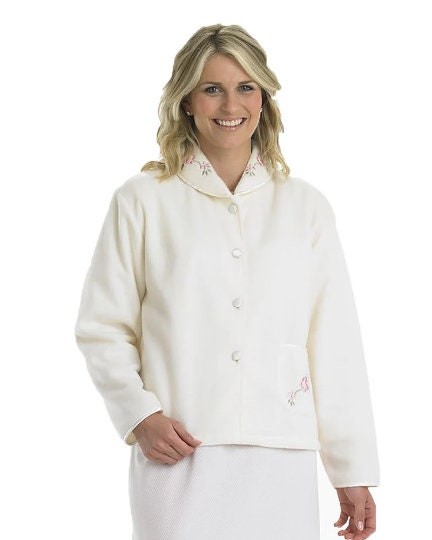 Slenderella Embroidered Polar Fleece Button Down Bed Jacket